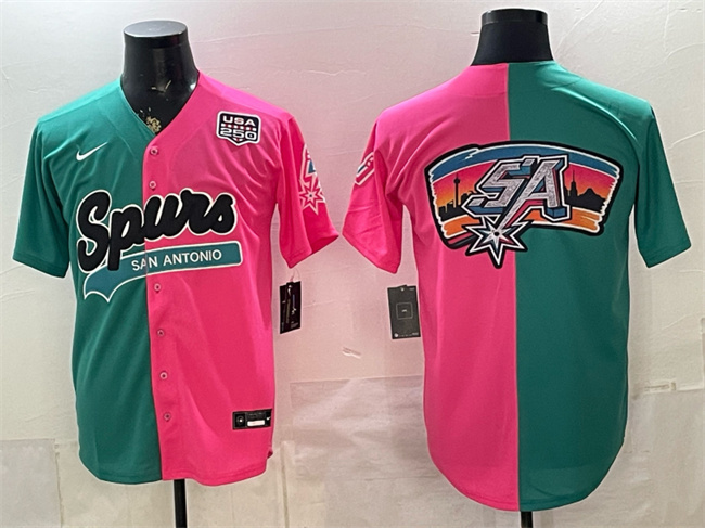 Men's San Antonio Spurs Team Big Logo Teal/Pink Split USA 250' Patch Stitched Baseball Jersey